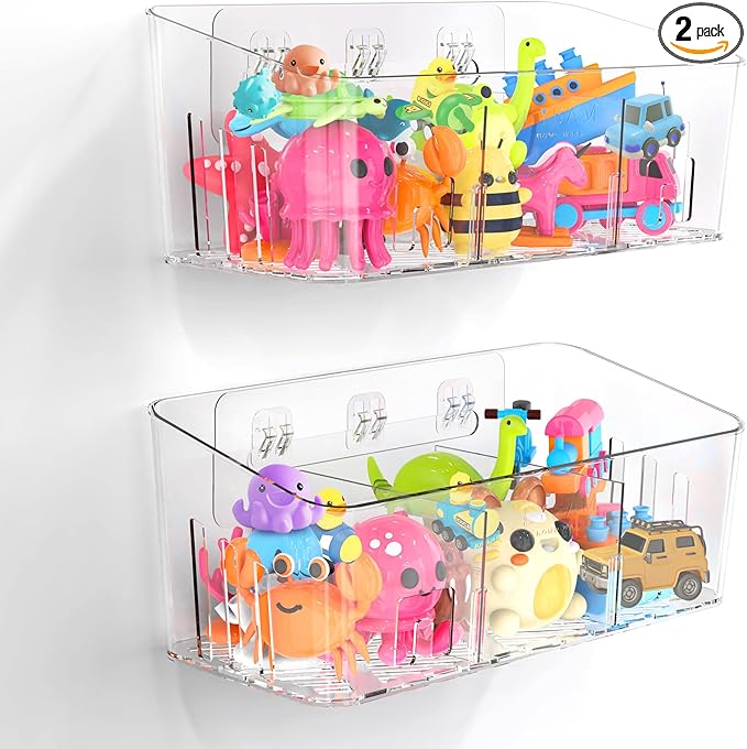 Lysam Bath Toy Storage 2 Packs, Large Bath Toy Holder with 3 Compartment, Quick Dry Bathtub Toy Organizer, Bath Tub Toy Net, Shower Toy Basket & Bin, Bathroom Accessories for Baby,Toddler,Kids（Clear）