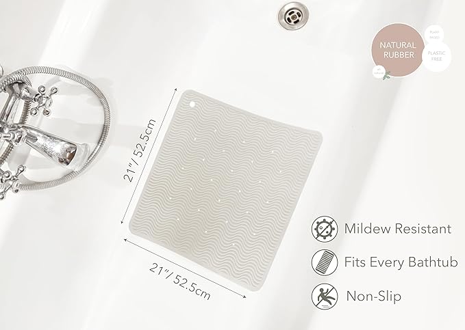 HEVEA Natural Rubber Wave Bath Mat – Square 21x21 in - Non-Slip Shower & Bathtub Mat with 364 Suction Cups, Plastic-Free & Biodegradable (Marble)