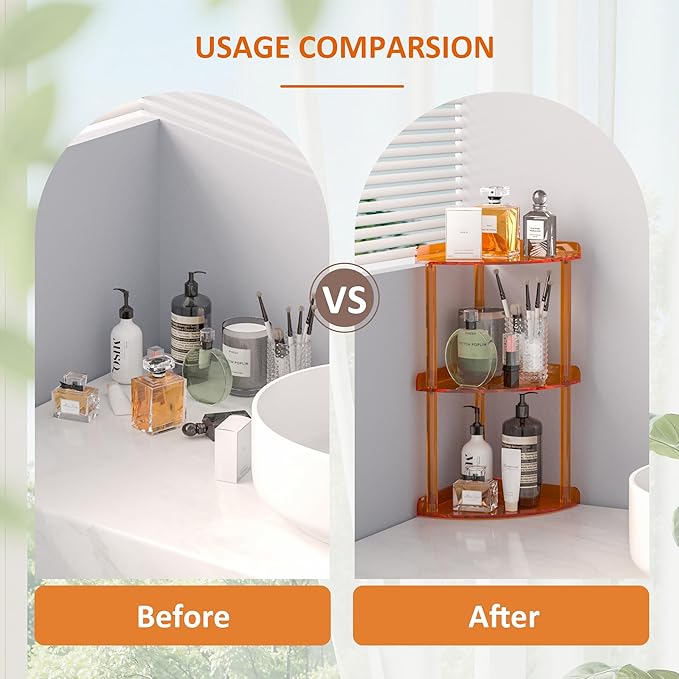 3 Tier Countertop Corner Organizer Shelf 7x7x15.7 Inch, Orange Countertop Acrylic Bathroom Corner Shelf, Vanity Storage Organizer for Cosmetics, Toiletries