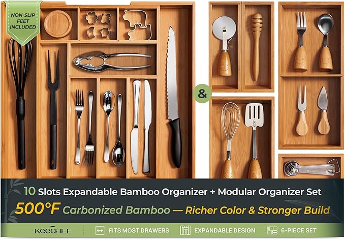 6-Piece Bamboo Drawer Organizer Set, 2.2" Deep Multi-Use Organizers for Utensils, Silverware, Cutlery, Desk, Bathroom, Junk Drawer & Makeup, Non-Slip Feet Included.