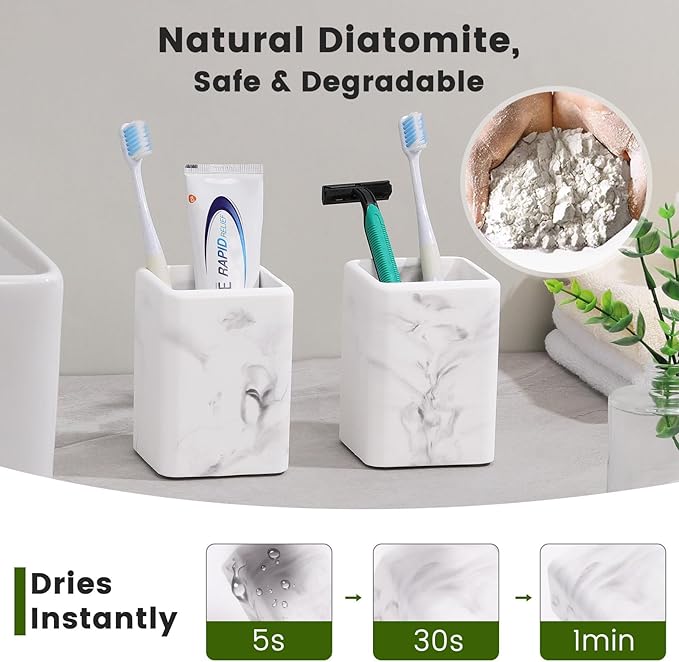 Luxspire Toothbrush Holders 2 Pack, Fast Drying Toothbrush Holders for Bathroom, Diatomite Toothbrush Cups Electric Toothbrush and Toothpaste Holder for Bathroom Countertop, Marble