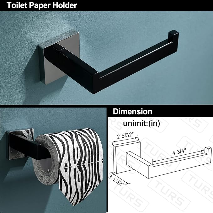 TURS 5-Piece Bathroom Hardware Set Matte Black and Polished Chrome Towel Bar Holder Set Hand Towel Holder Toilet Paper Holder and 2 Towel Hooks,Stainless Steel Wall Mounted