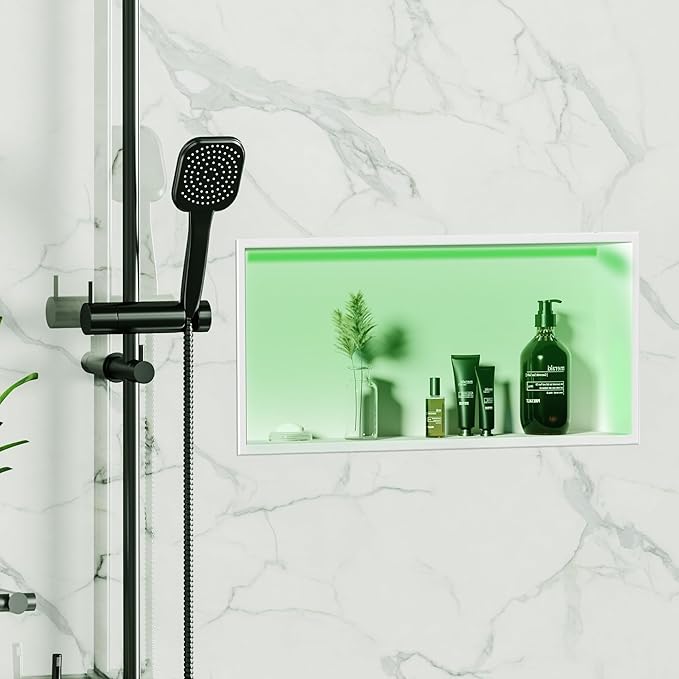 White Stainless Steel Shower Niche 24x12Inch, Dimmable RGB Led Light Wall Niche, No Tile Needed Recessed Niches for Bathroom Storage Built-in Installation