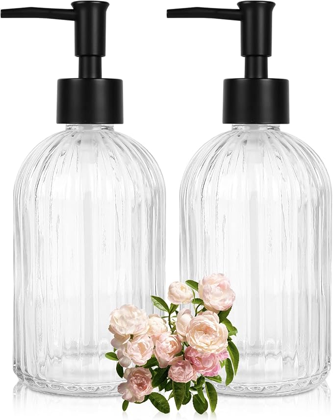 2 Pack Glass Soap Dispenser with Pump, 13.5oz Refillable Soap Dispensers with Vertical Stripe for Hand Wash & Dish Wash, Elegant Bathroom Soap Dispenser for Dishwashing Liquid, Lotion