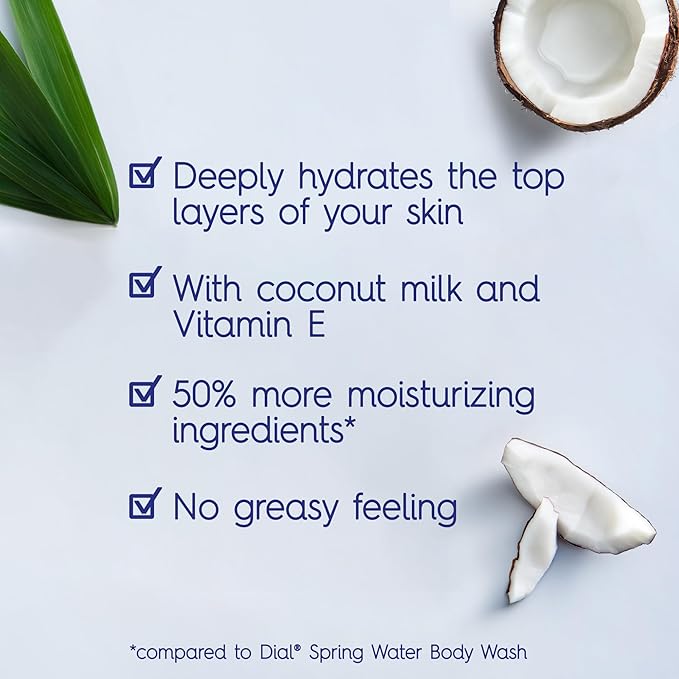 Dial Body Wash, Healthy Hydration, Coconut Milk + Vitamin E, 16 fl oz (Pack of 4), Gentle, Leaves Skin Feeling Soft In 1 Shower, Dermatologist-Tested, No Parabens & Silicones