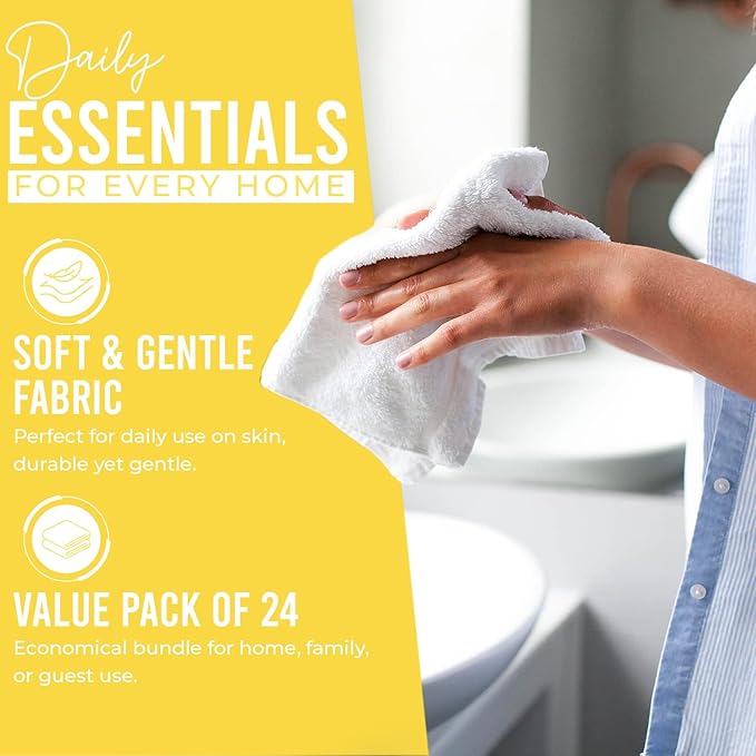 DAN RIVER 24 Pack Wash Cloths for Showering [12x12] - 100% Cotton Washcloths Premium Quality Flannel Face Cloths for Bathroom, Highly Absorbent and Soft Feel Wash Clothes, Yellow
