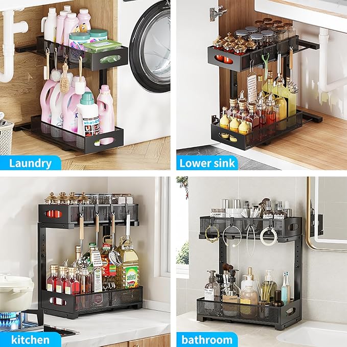 Under Sink Organizer, 2-Tier Pull Out Cabinet Organizer with Adjustable Height, Use in Kitchen Bathroom Cabinet and Countertop Storage, Black