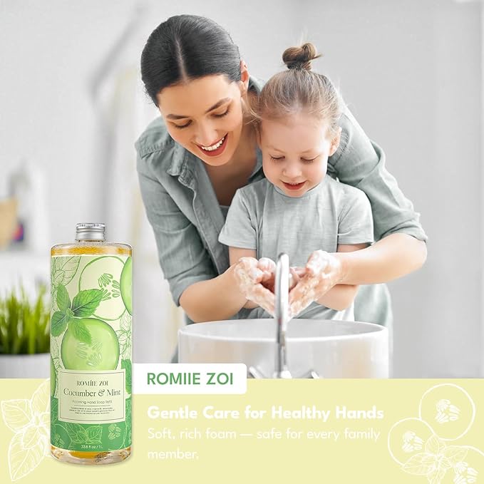ROMIIE ZOI Foaming Hand Soap Refill Gift Set – 3 Pack (1000ML Each) with Dispenser – Cucumber & Mint Scent – Gentle & Moisturizing Plant-Based Formula – Bulk Refill Bottles for Bathroom & Kitchen Use