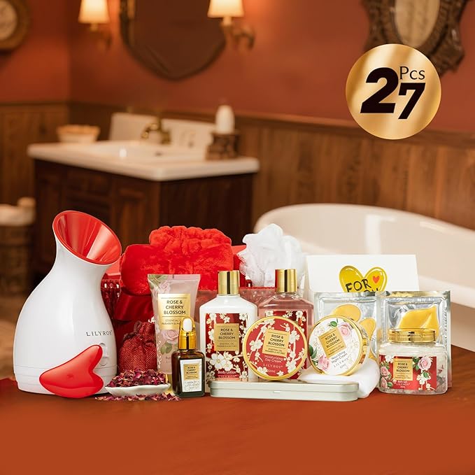 Christmas Gifts for Women - 27 Pcs Bath and Body Gifts Basket Set - Rose Spa Gifts Set Skin Care Set for Women, Gift Baskets Set for Mothers Day Mom | Gifts for Birthday, Valentines Day
