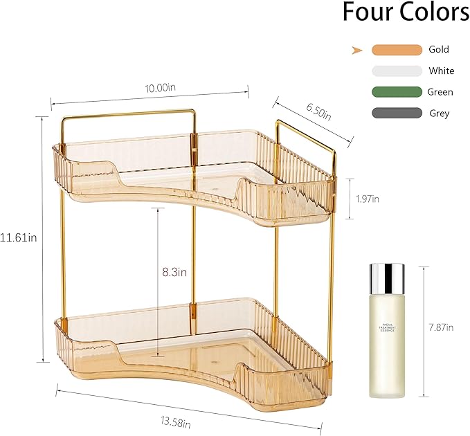 YCIA&DONE Corner Bathroom Counter Organizer, Makeup Organizer for Vanity, Skincare Cosmetic Perfume Tray, Corner Countertop Shelf Rack Storage for Bathroom Kitchen 2 Tiers (Amber Gold)