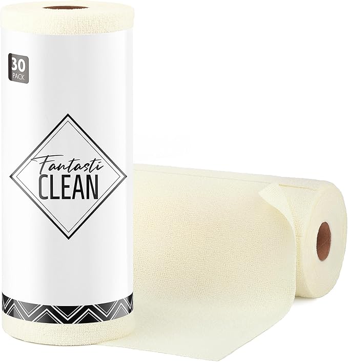 Fantasticlean Microfiber Cleaning Cloth Roll -30 Pack, Tear Away Microfiber Towels, 12" x 12", Reusable, Washable, Scratch Free, Ultra Absorbent Dishcloth for Car, Home Supplies, Pet, Kitchen (Beige)
