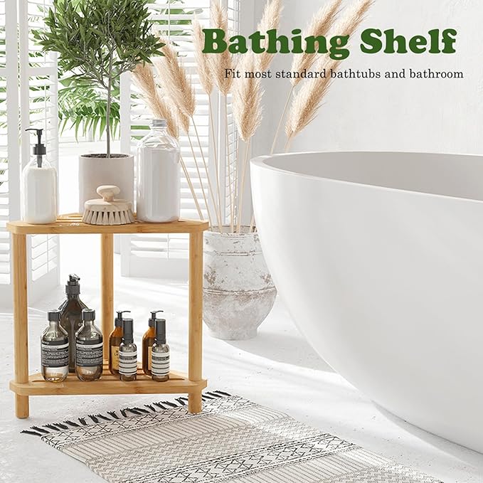 Bamboo Corner Shower Stool,2-Tier Waterproof Shower Stool for Inside Shower Shaving Leg,Small Spaces,Shower Foot Rest with Storage Shelf,Shower Bench,Bath Seat,Corner Nightstand gift for women mom