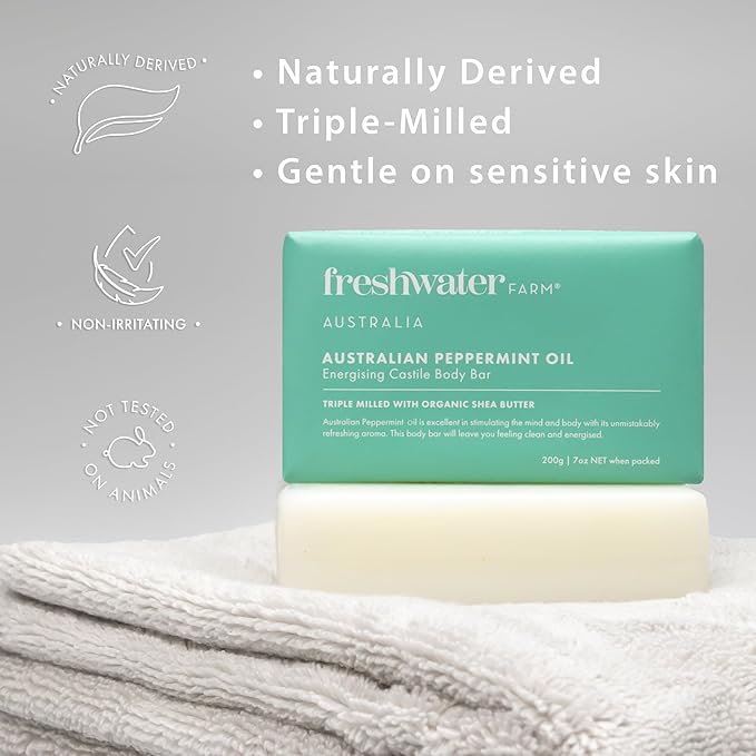 Freshwater Farm Australia Energizing Castile Natural Bar Soap for Women Men - Australian Peppermint Oil - Nourishing Essential Oils For Dry, Sensitive Skin - Natural Bar Soap, Body Soap - 7 oz 8PK