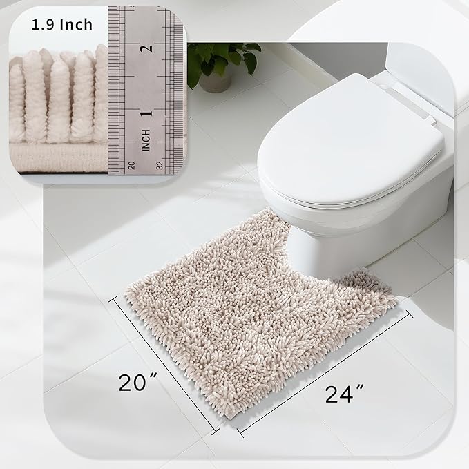 Yimobra Toilet Rugs U Shaped Washable, Extra Thick Soft Absorbent Chenille Contour Bathroom Rugs for Toilet 24x20 Inch, Quick Dry Non Slip Toilet Mat for Bath Floor, Khaki