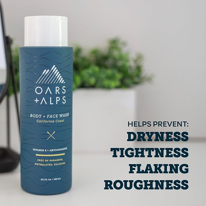 Oars + Alps Body and Face Wash for Men, Mens Body Wash & Face Cleanser with Vitamin E and Antioxidants, Moisturizing, Hydrating, Paraben & Sulfate Free Cleanser, California Coast, 3pk