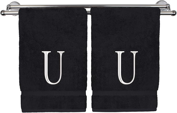 Monogrammed Hand Towel, Personalized Initial Gift, Extra Absorbent 100% Turkish Cotton - Soft Terry Finish - Set of 2 - White Block Initial U - Embroidered on Black Towels