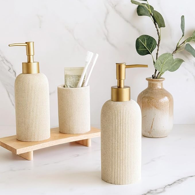 Lunestella Sand Beige Hand Soap Dispenser for Bathroom and Kitchen with Matte Gold Pump, Lotion, Dish Soap, Multiuse, Luxury Farmhouse Style, Sandstone Finish, Rust Proof, 7oz (Matte Gold)