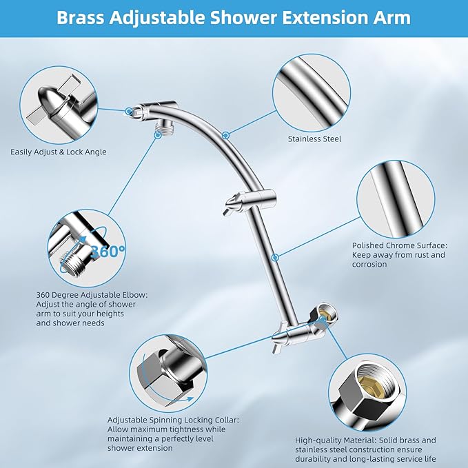 Hibbent All Metal Rain Shower Head, 8'' High Pressure Rainfall Square Showerhead with 16" Shower Head Extension Arm, Solid Brass Adjustable Shower Arm Extender, Waterfall fixed Showerheads, Chrome