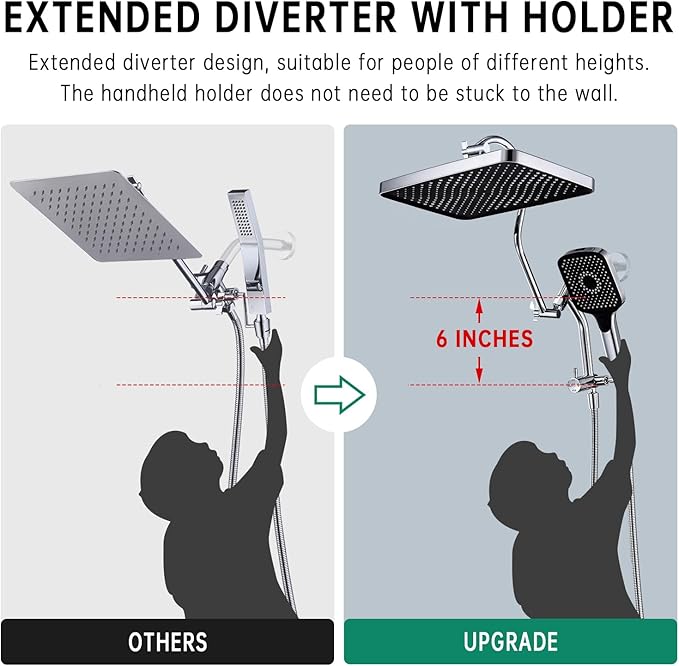 13 Inch Rainfall Shower Head with Multi-Function Handheld Sprayer Combo, 3-Way Metal Extended Diverter with Holder and Metal Adjustable Curved Shower Extension Arm, Extra Long Hose Chrome
