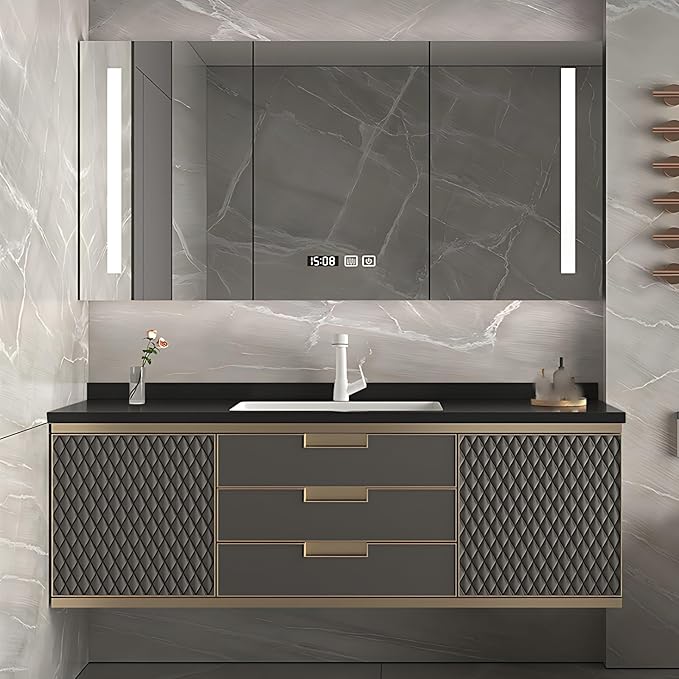 40IN Modern Bathroom Vanity - Wall-Mounted Bathroom Cabinet with LED Light | Intelligent Defogging Mirror Cabinet Includes Time Display Function, 2 Drawers & 2 Storage Cabinets (Style B)