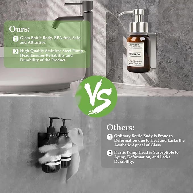 Hand Soap Dispenser,8.5 Oz Wall Mounted Shampoo and Conditioner Dispenser and Stainless Steel Bracket for with Waterproof Labels and Leakproof Pump(Silver Mount)