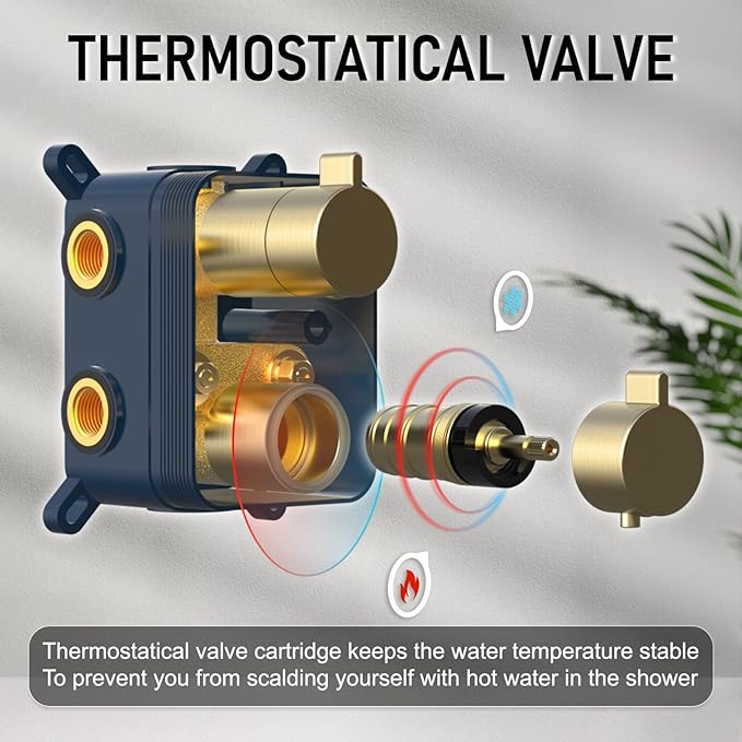 Iriber Thermostatic Shower System Wall Mount with 10 Inch Roud Rainfall Shower Head and Handheld,Shower Faucet Mixer Trim Kit (Valve Included),Brushed Gold