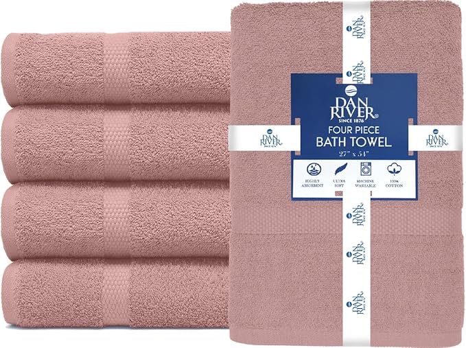 DAN RIVER Bath Towels Set of 4, 27 x 54 Inches, 100% Cotton, Larger & Lighter Weight, Quicker to Dry, Super Soft and Absorbent, Ideal Cotton Towels for Daily Use, Dusty Rose