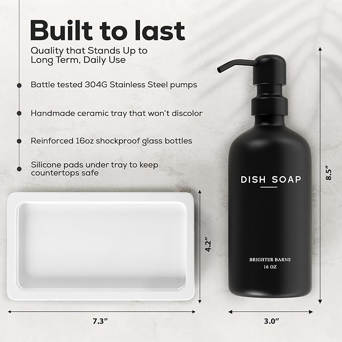 Luxury Glass Hand and Dish Soap Dispenser Set by Brighter Barns - Kitchen Soap Dispenser Set with Tray for Kitchen, Home or Restaurant - Modern Farmhouse Kitchen Decor (Black/White)