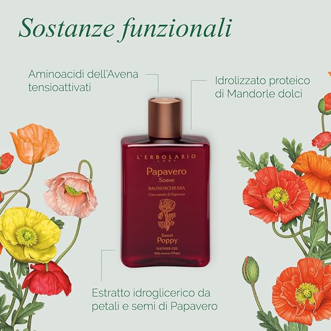 L'Erbolario Shower Gel – Antioxidant and Moisturizing Body Wash – Toning Body Soap for Sensitive Skin - Floral Amber Fragrance - Sweet Poppy - 8.4 oz
