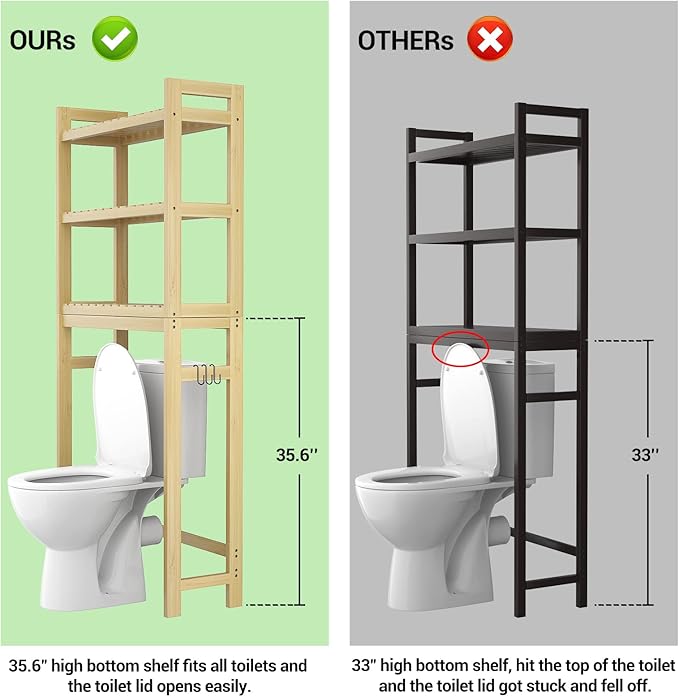 Homykic Over The Toilet Storage, 3-Tier Bamboo Bathroom Shelf with 3 Hooks, Above Toilet Organizer Rack Freestanding for Small Space, Restroom, Laundry, Easy Assembly, Natural