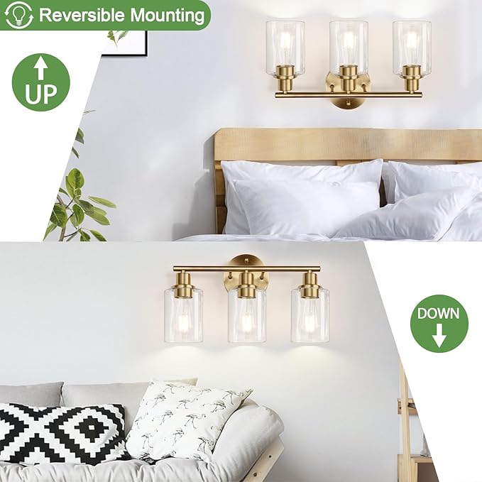 3-Light Bathroom Light Fixtures, Brushed Brass Bathroom Wall Lights with Clear Glass Shade, Modern Bathroom Wall Lamp for Mirror Kitchen Living Room Hallway Cabinet