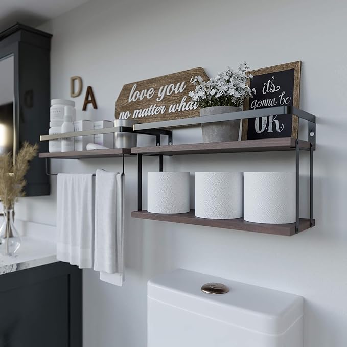 RICHER HOUSE 2+1 Tier Wall Mounted Floating Shelves Set of 2, Rustic Wood Shelf with Metal Frame, Extra Storage Rack for Bathroom, Kitchen, Bedroom with Tissue Rack & Towel Bar - Rustic Brown