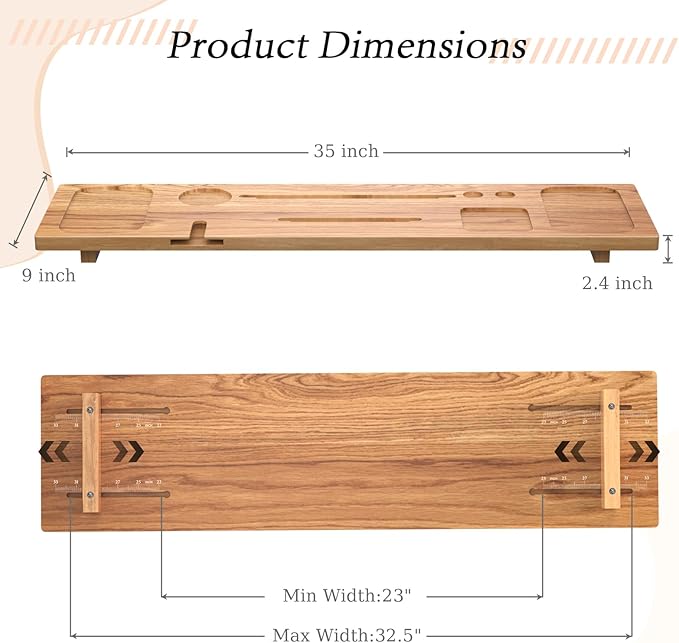 Bathtub Tray for Freestanding Bath, Solid Pine Wood Bath Tray for Tub, Bath Caddy for Home Spa, Adjustable Bathtub Trays for Tub, with Bathtub Accessories Holders, Patent Design, 35x9