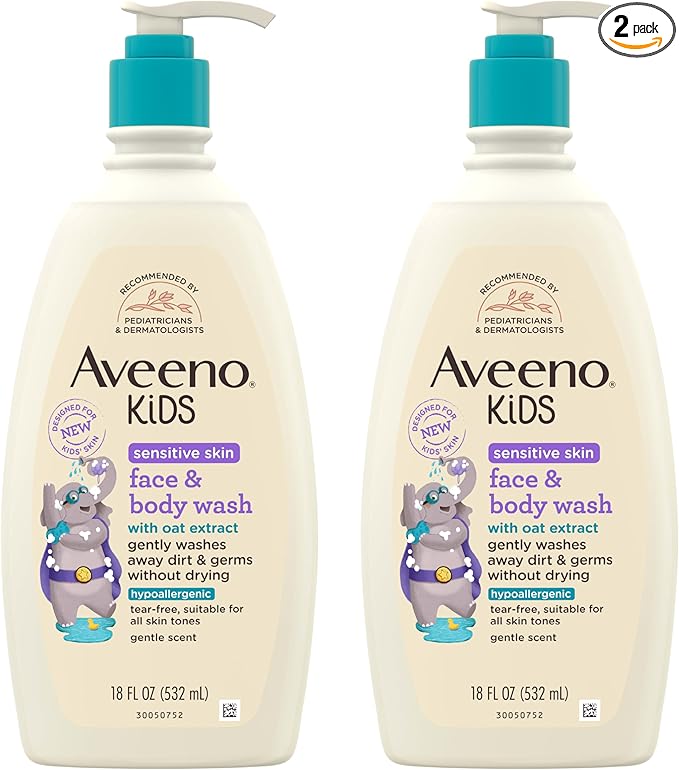 Aveeno Kids Sensitive Skin Face and Body Wash with Oat Extract, Gently Washes Away Dirt and Germs Without Drying, Tear-Free, Hypoallergenic Kids Body Wash, 18 fl. oz, 2 Pack