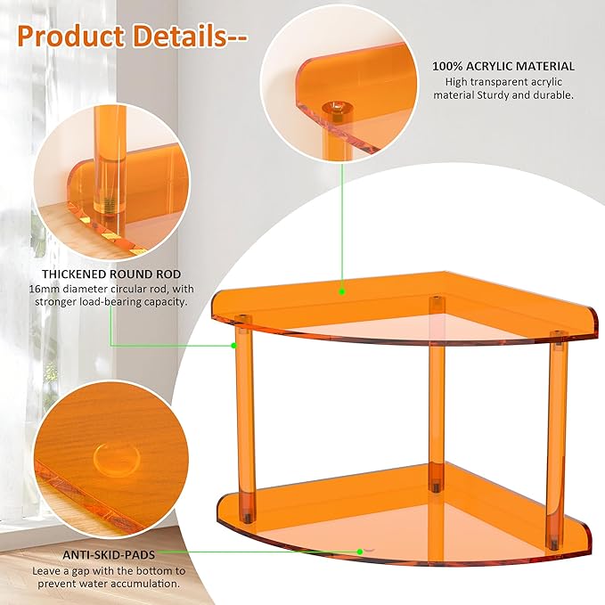 2 Tier Acrylic Corner Shelf Organizer Storage 9.5x9.5x8 Inch, Orange Countertop Corner Shelf for Bathroom, Kitchen, Bedroom, Office, Study Room