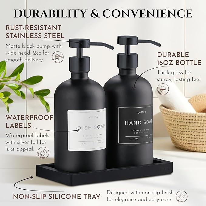 Lotion, Hand & Dish Soap Dispenser for Kitchen Sink - Bathroom Soap Dispenser Set of 2 16.8 Oz Glass Bottles with Stainless Steel Pump, 15 Water Proof Labels & Silicon Tray (Black)