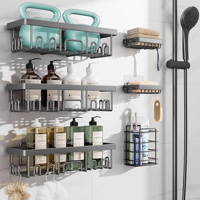 Veken Rustproof & Waterproof Shower Caddy 6-Pack, No Drilling Adhesive Shelves Rack with Soap Holder, Large Capacity Bathroom Organizers and Storage, Wall-Mounted Kitchen & Home Decor, Dark Grey
