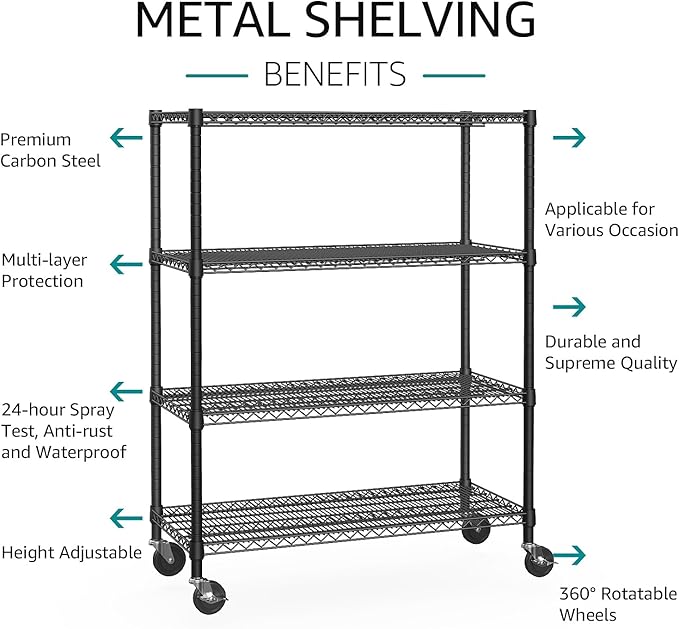 IZEUK Garage Shelving Wide Storage Shelves 4 Tier Metal Shelves 3200 LBS Heavy Duty Adjustable Utility Shelf Rack Black 23.6" D x 53.1" W x 73.6" H