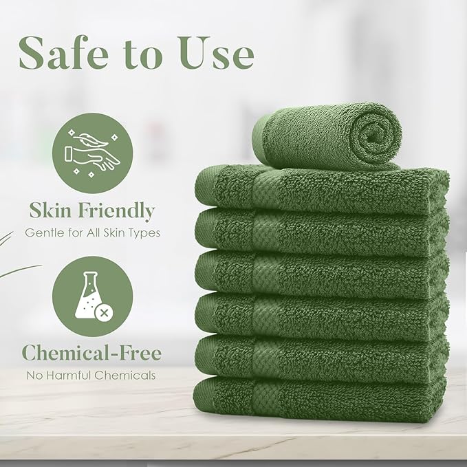 DAN RIVER 12-Pack Premium 100% Cotton SAGE Green Face Towels – Reusable Face Towel Set, Soft & Absorbent Body wash Cloths – Hand and Face Towels, 550 GSM (12x12 in)