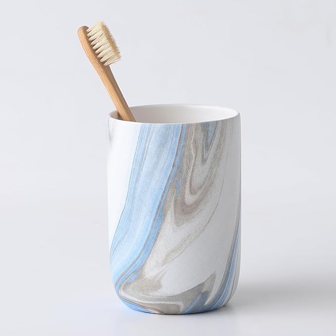 Blue Marble Toothbrush Holders - Ceramic Toothbrush Holders for Bathrooms, Toothbrush Toothpaste Holders, Marble Bathroom Tumbler Cups Reusable Toothbrush Mouthwash Cup, Bathroom Counter Organizer
