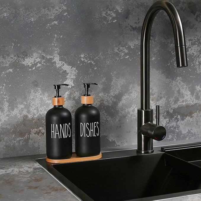 MOMEEMO Black Soap Dispenser Set, Contains Hand and Dish Soap Dispenser, Suitable for Kitchen Decor. (Black)