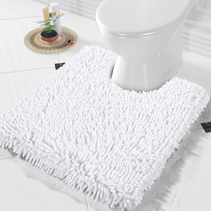 Yimobra Toilet Rugs U Shaped Washable, Extra Thick Soft Absorbent Chenille Contour Bathroom Rugs for Toilet 24x20 Inch, Quick Dry Non Slip Toilet Mat for Bath Floor, White