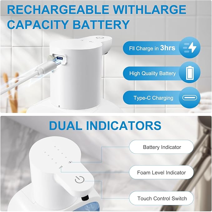 Automatic Foaming Soap Dispenser with 500ml/17oz Capacity, Touchless Soap Dispenser with 4 Level Adjustable, Rechargeable, Wall-Mounted, Waterproof for Kitchen, Bathroom, Hotel, Restaurant