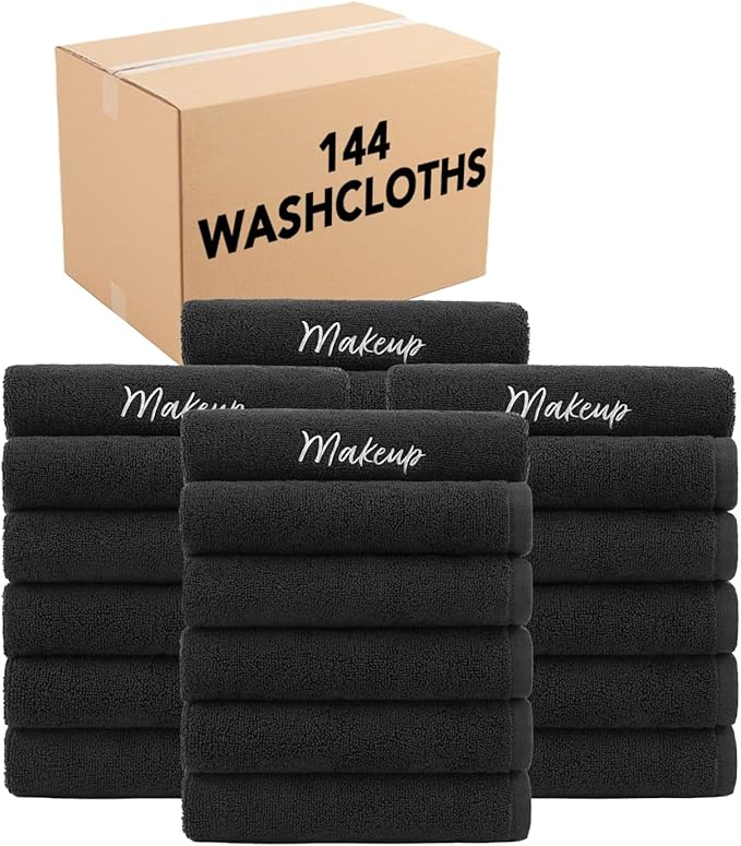 Arkwright Makeup Towels - Bulk Case of 144 - Super Soft 100% Cotton, Gentle & Lightweight Small Fingertip Powder Room Washcloths, Guest Bathroom Essentials for Hosts & Artists, 11 x 17 in, Black