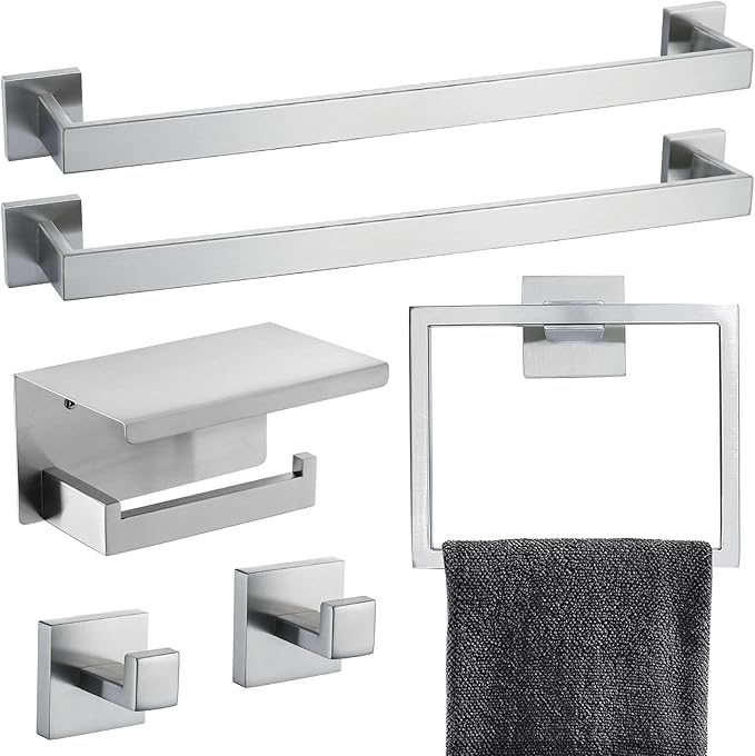 Brushed Nickel Bathroom Towel Bar Set Bathroom Accessories Hardware Set Including Double Towel Bar Towel Ring Coat Hook and Toilet Paper Holder with Shelf. Wall Mounted Stainless Steel