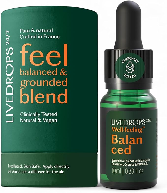 LIVEDROPS 24/7 Balanced Essential Oil Blend Mandarin Cardamom Cypress Patchouli | Aromatherapy for Calm, Harmony & Grounding | Skin-Safe Diffuser Oil | Vegan French Perfumers Clinically Tested 10ml
