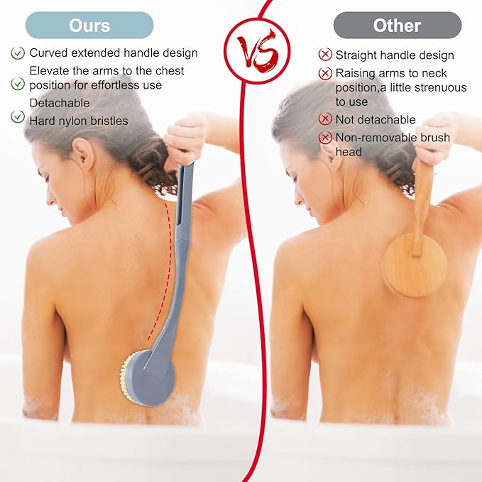 Back Brush Long Handle for Shower, 20.5” Back Bath Brush for Shower, Back Scrubber, Exfoliation and Improved Skin Health for Elderly with Limited Arm Movement, Disabled