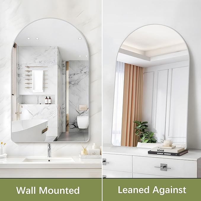 Arched Bathroom Mirror, 30"x48" Silver Arched Mirror for Bathroom, Wall Mounted Mirror, Silver Vanity Wall Mirror w/Metal Frame for Bedroom, Entryway, Living Room, Hanging or Leaning Against