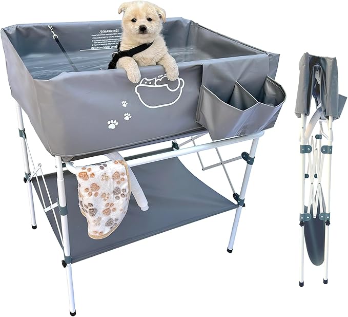 Elevated Dog Bathtub, Portable Dog Washing Station for Home with Towel Bar & Storage, Folding Pet Bath Tub for Small & Medium Dogs