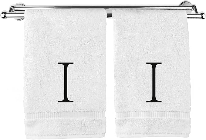 Monogrammed Hand Towel, Personalized Initial Gift, Extra Absorbent 100% Turkish Cotton - Soft Terry Finish - Set of 2 - Black Block Initial I - Embroidered on White Towels